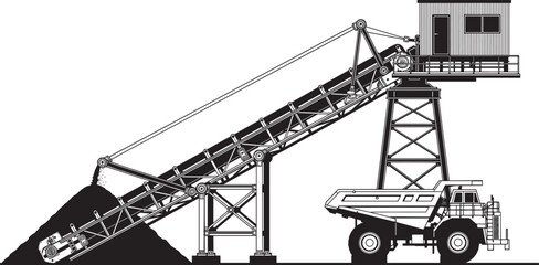 Industrial conveyor belt vector illustration, dump truck loading materials, mining and construction equipment, bulk material transport, operator cabin, logistics, heavy machinery, black and white  © MdArfin
