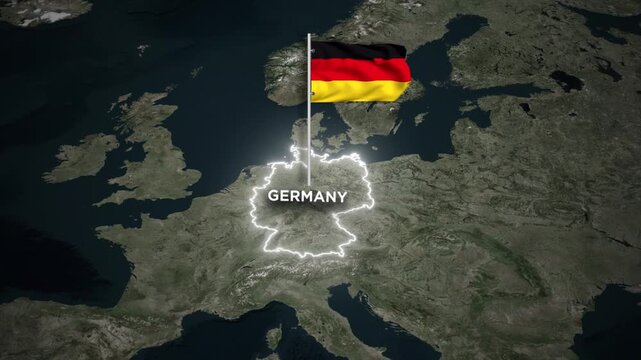 Germany Glowing Border Map Animation with 3D Waving of Germany National Flag on Satellite Map View