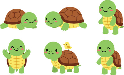 Obraz premium Cute turtle characters collection smiling cartoon tortoise animals with different poses adorable flat vector illustration set isolated