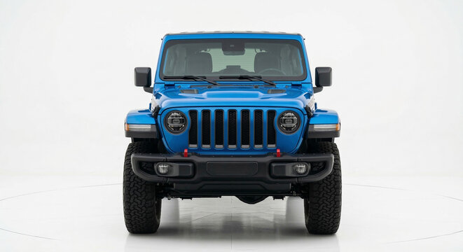 Front view of a Blue Jeep Wrangler Against a White Background