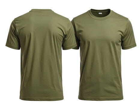 Blank olive green khaki t-shirt mockup template showing front and back sides on a clean bright white background.