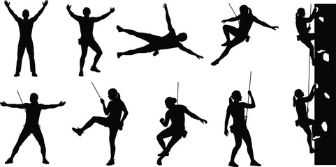 Rock climbing and rappelling silhouettes set, extreme sport climbers performing wall climbing and rope descent adventure activity illustration