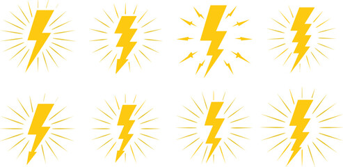 Lightning bolt icon set vector illustration, electric energy symbol collection, thunderbolt signs with rays, power electricity logo elements isolated on background