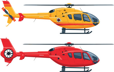 Rescue and transport helicopter side view aircraft aviation emergency service flat vector illustration set isolated on white background