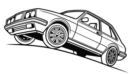 Naklejka premium Vector illustration of black and white retro car on an incline line art illustration