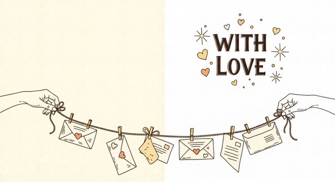 Hands holding a string of heartfelt letters and envelopes with love notes and hearts symbolizing affection and connection