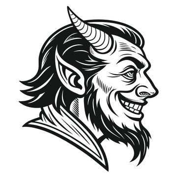 Vector illustration of evil devil head profile with horns beard and grin monochrome vector illustration