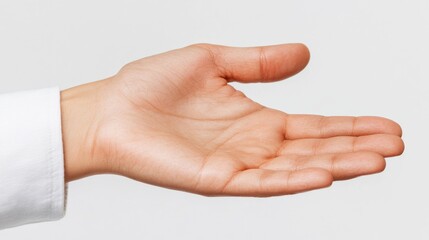 Isolated human hand on pure white background. Clean minimalist composition with soft shadows for product placement, advertising, and lifestyle concepts.