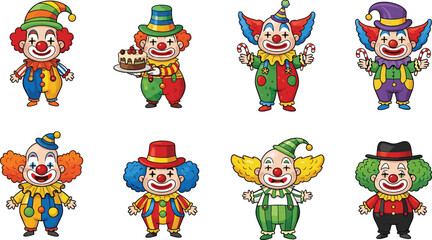 Naklejka premium Funny clown characters collection with colorful costumes circus joker mascot cartoon flat vector illustration set isolated