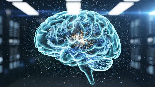 Abstract explosion of digital energy and data particles in futuristic server corridor concept of artificial intelligence activation and high tech computing power