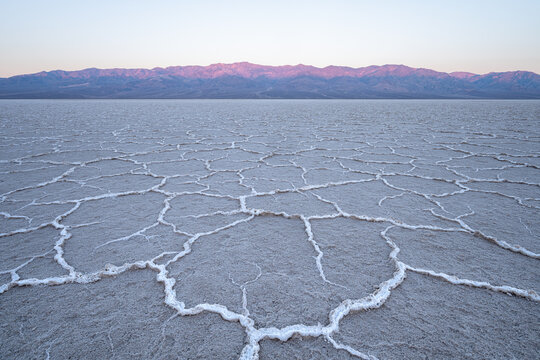 Close-up of hexagonal salt polygons on the salt flats, Badwater Basin, Death Valley National Park, California, USA