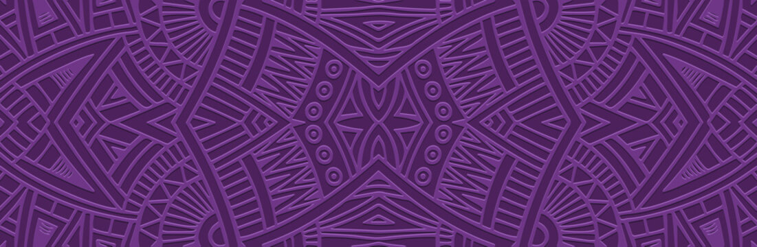 Banner, cover design, exotic fresco. Geometric decorative pattern, embossing. Purple background. Ornaments, arabesques, mandalas. Ethnic, tribal traditions of the East, Asia, India, Mexico, Aztecs