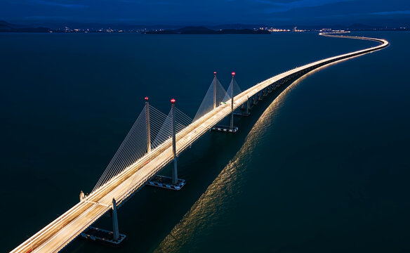 Aerial View of Sultan Abdul Halim Muadzam Shah Bridge (Penang Second Bridge) across the Strait of Malacca at night, Malaysia