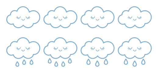 Obraz premium Cute Kawaii Clouds with Raindrops and Sleepy Faces
