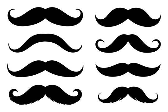 Collection of eight diverse black mustache on a white background