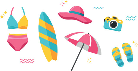 Summer beach vacation icons with bikini surfboard sun hat umbrella flip flops and camera vector illustration set
