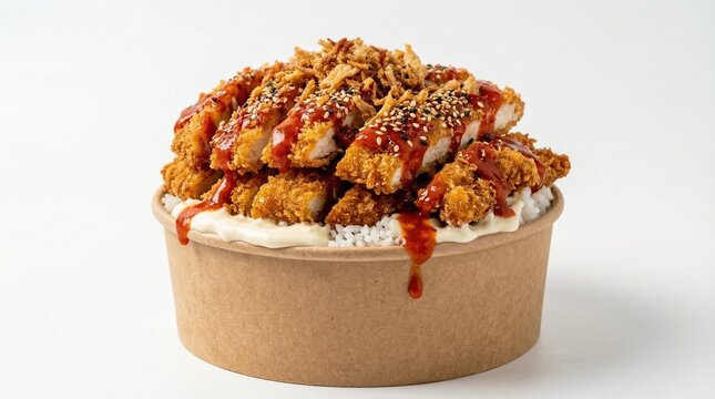Crousty bowl escalopes pan&eacute;es sauce &eacute;pic&eacute;e rouge cr&egrave;me oignons frits &mdash; Street food fond blanc