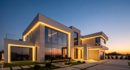 Fototapeta premium Modern House With A Glass Wall And A Walkway Luxury House For Real Estate