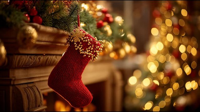 Cozy Christmas fireplace with red stocking and festive holiday decorations with warm glowing lights