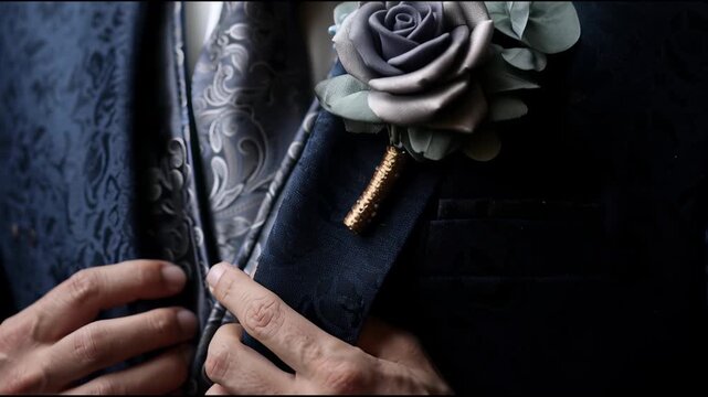 Close up of elegant groom boutonniere with grey rose and paisley patterned suit and tie for wedding fashion