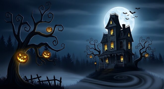 Spooky haunted house with glowing jackolanterns on trees at night