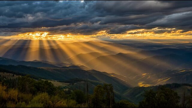 Golden rays of sunlight shining through clouds over mountain landscape during sunset
