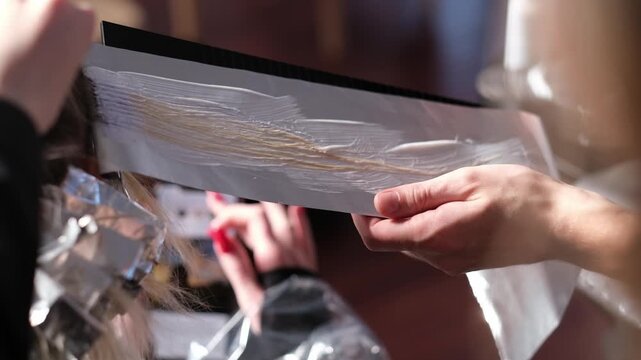 Professional stylist applying bleach on hair strands using a brush and foil in a beauty salon