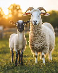 Fototapeta premium Sheep and goat standing together on a farm. Friendly interaction with green pasture and warm natural light. Calm rural atmosphere