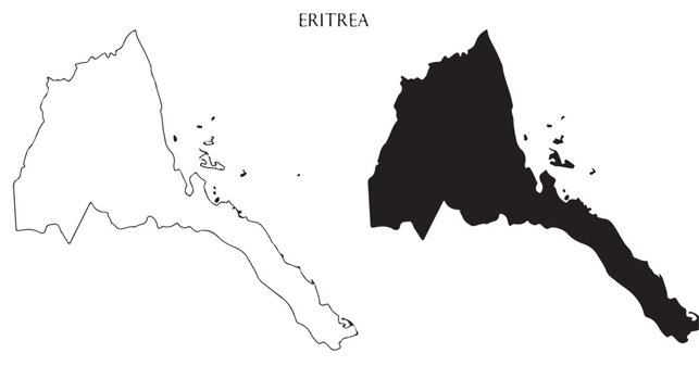 Map of Eritrea with a black outline and solid black silhouette representation side-by-side for clear geographic illustration.