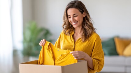 Young woman smiles while opening a box to reveal new clothing in a bright living room with soft cushions and warm window light