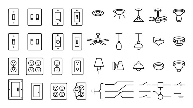 Electrical Floor Plan Symbols Vector Set &ndash; Switch, Power Outlet, Lighting Fixture, Wiring and Panel Icons for Architectural Blueprint Design