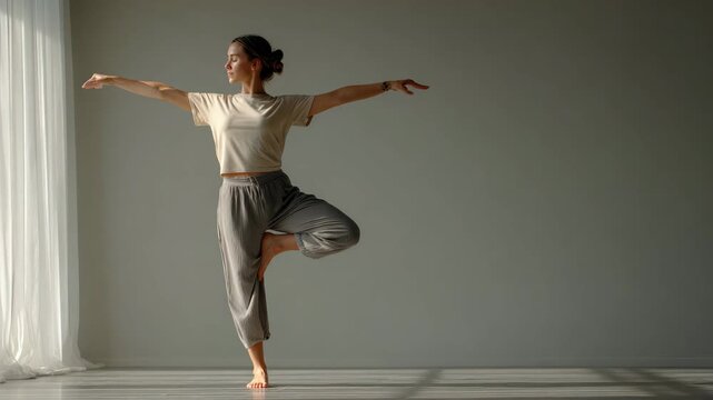 Woman Practicing Yoga Tree Pose Indoors Balance Wellness and Healthy Lifestyle Concept