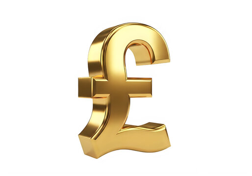 Three dimensional golden British pound sterling currency symbol with a glossy finish