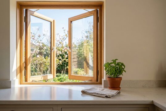 Kitchen window wide open with sunlight and fresh air entering. Clean countertop with small plant and folded cloth. Bright spring morning atmosphere in home interior for cozy lifestyle.
