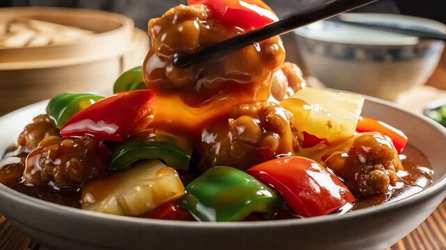 Close up of a delicious culinary dish with colorful vegetables and food