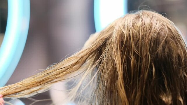 Close up of wet blonde hair being separated by a hairstylist during a professional salon treatment
