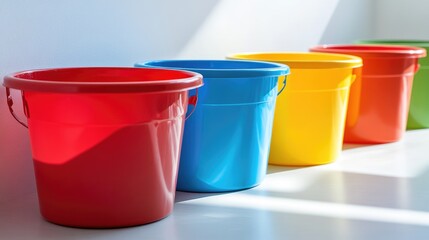 Five colorful plastic buckets arranged in a row. The buckets are red, blue, yellow, green, and orange. They are placed on a white surface with natural light.