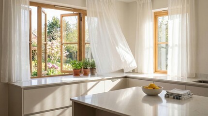 Open window in bright kitchen with fresh spring air blowing sheer curtains. Sunny morning ventilation after cleaning. Cozy home interior design with blooming garden view and houseplant. © Alexandra