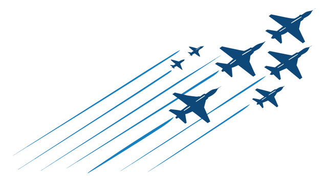 Vector illustration of aviation team formation flying jets in blue with streaks