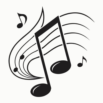 Black and white music note vector art featuring a large quaver note, surrounded by a swirling staff and smaller musical notes, flowing composition