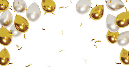 Golden and white balloons with falling confetti isolated on transparent background © MARUF Ahmed