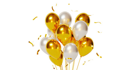 Golden and white balloons with falling confetti isolated on transparent background © MARUF Ahmed