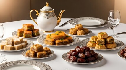 An assortment of delectable Middle Eastern sweets and a teapot gracefully arranged on a table, ideal for gatherings or festivities. The image captures a sense of indulgence and cultural richness.