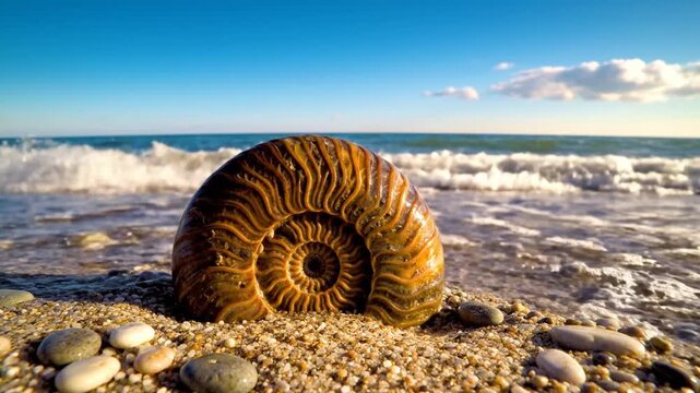 Large seashell on pebble beach with ocean waves and clear blue sky