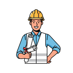 Cartoon Construction Worker with Hard Hat and Plans.