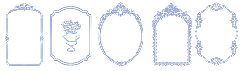 Whimsical baroque frames and renaissance borders. Oval, arch and rectangle shapes with vintage victorian elegance decorated with whimsy lines and squiggles for wedding and birthday invitation cards. © KPstudio
