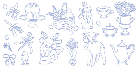 Easter doodle sticker, spring holiday decorative print. Hand drawn cute bunny egg decoration art. Whimsical design elements, badge, seasonal animal, congratulation invitation card. Easter stickers set
