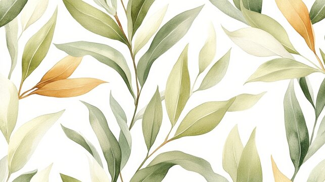 Seamless watercolor pattern of tropical leaves and fronds in blended green hues with subtle yellow and orange accents. Lively nature-inspired design for print and surface applications.