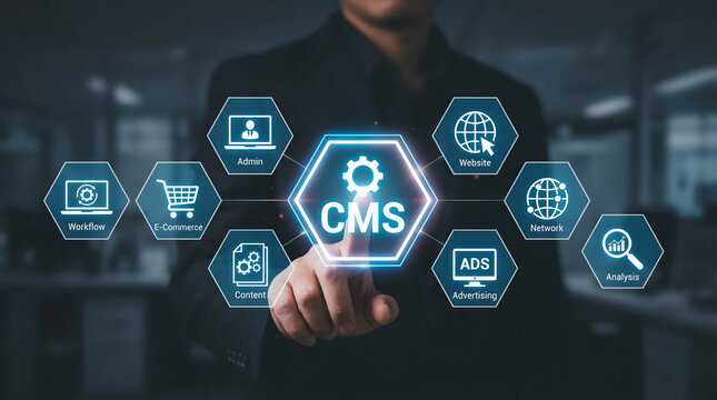 Businessman touching glowing CMS icon in a hexagonal network, representing content management system solutions for website administration, e-commerce, advertising