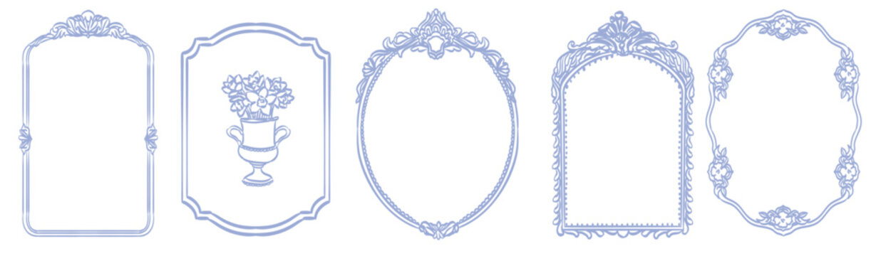Whimsical baroque frames and renaissance borders. Oval, arch and rectangle shapes with vintage victorian elegance decorated with whimsy lines and squiggles for wedding and birthday invitation cards.